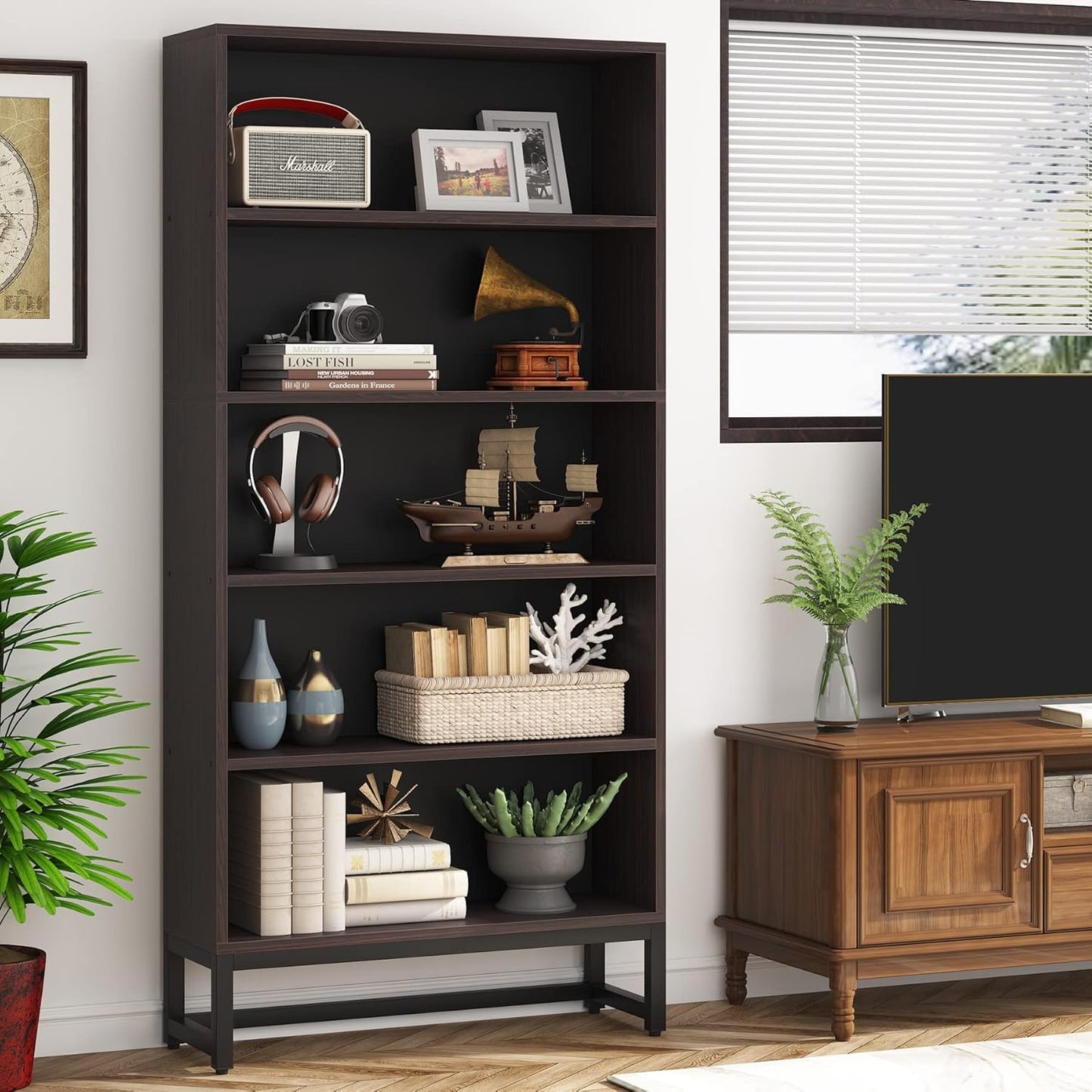 Tribesigns Tall Bookcase and Bookshelf, 70.8” Large Bookcases Organizer with 5-Tier Storage Shelves, Heavy Duty Free-Standing Library Bookshelf Shelving Unit for Living Room, Bedroom (Sandalwood)