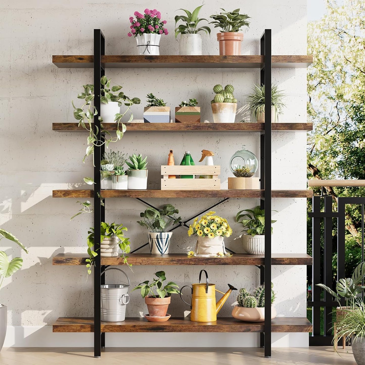 Heavy Duty 5-Tier Industrial Bookcase, 47" Wide Wood Bookshelf for Home Office, 120lbs Shelf Capacity, Rustic Open Shelving Display with Reinforced Horizontal Shelf for Living Room Bedroom