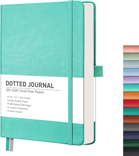 RETTACY Bullet Dotted Journal Notebook, 256 Pages, A5 Medium Size (5.7'' × 8.3''), Leather Hardcover, 120 GSM Thick Paper, for Bullet Journaling, Planning, Tracking (Mint)