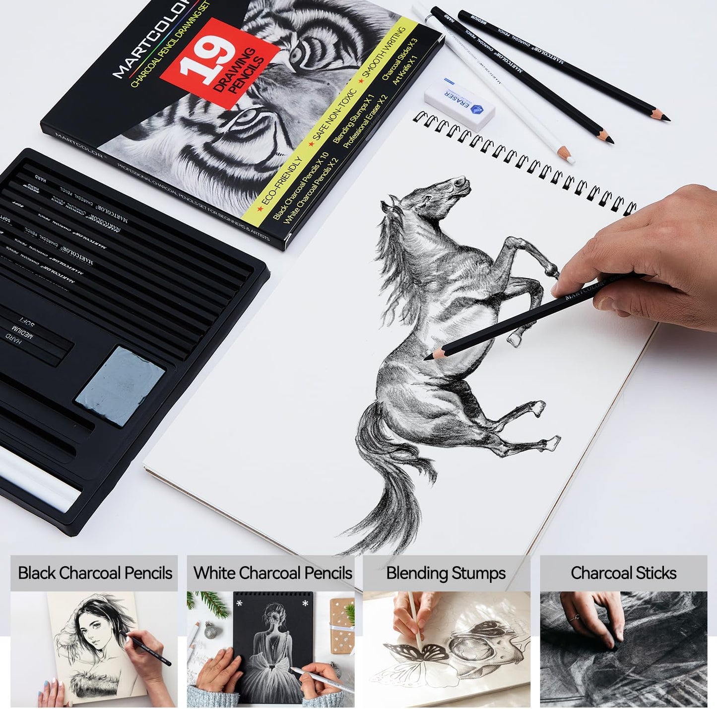 Charcoal Drawing Set, 19 Pieces, Black & White Charcoal Pencils for Drawing, Sketching, Shading, Blending, Artist Pencils for Beginners & Pro Artists