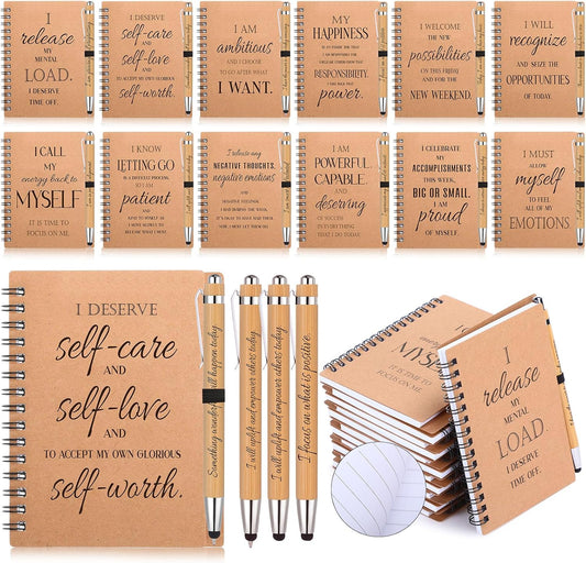 Pasimy 48 Pcs/24 Set Bulk Positive Affirmation Spiral Notebooks with Bamboo Pen Daily Affirmation Gift Set Motivational Encouragement Notepad Small Journals 5.5 x 3.9 inch for Women Self Care