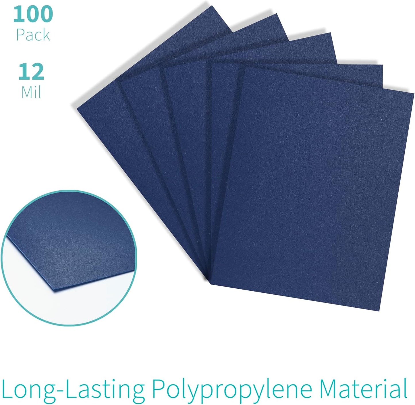 Binditek 100 Pack 12 Mil Sand-Textured Polycover, Midweight Binding Front and Back Covers, Lightly Sanded Finish, 8-1/2" x 11", Square Corners, Un-Punched, Navy, Office Supplies