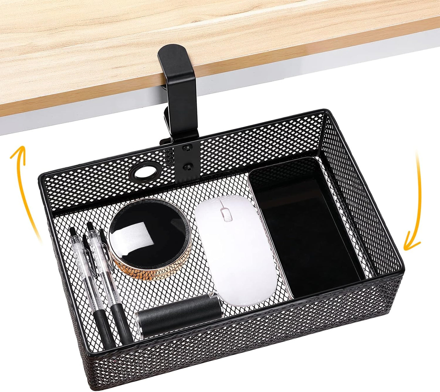 Mesh Desk Organizer and Clamp-on Swivel Pencil Drawer, Desk Hidden Extra Sturdy C-Clamp Mount System and Easy to Instal, Home Office Art Supply Storage Box (Black)
