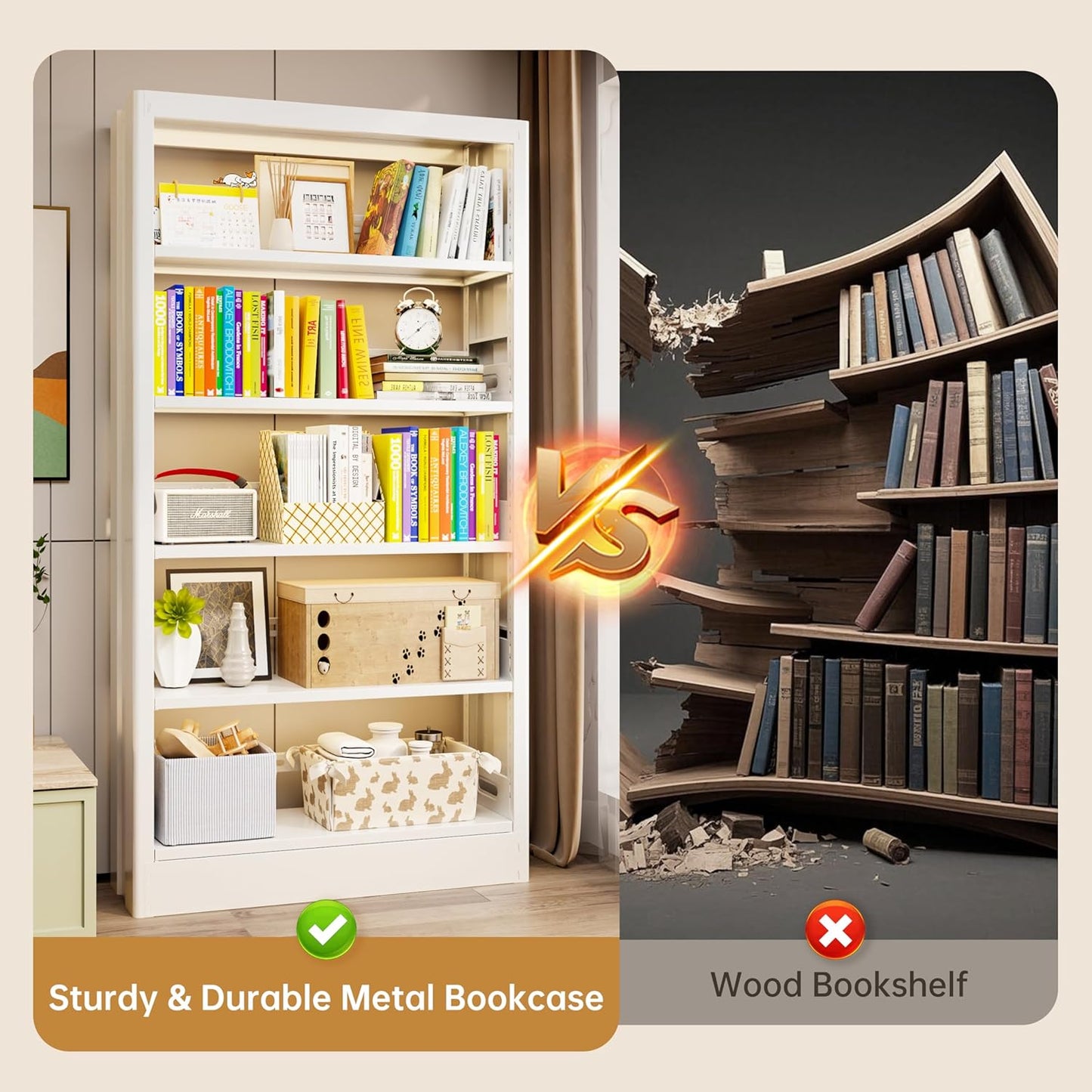 5-Tier Bookcase with Adjustable Storage Shelves, Metal Bookshelf with Book Stopper, Bookcase Shelf for Library, Office, Living Room (White-2)