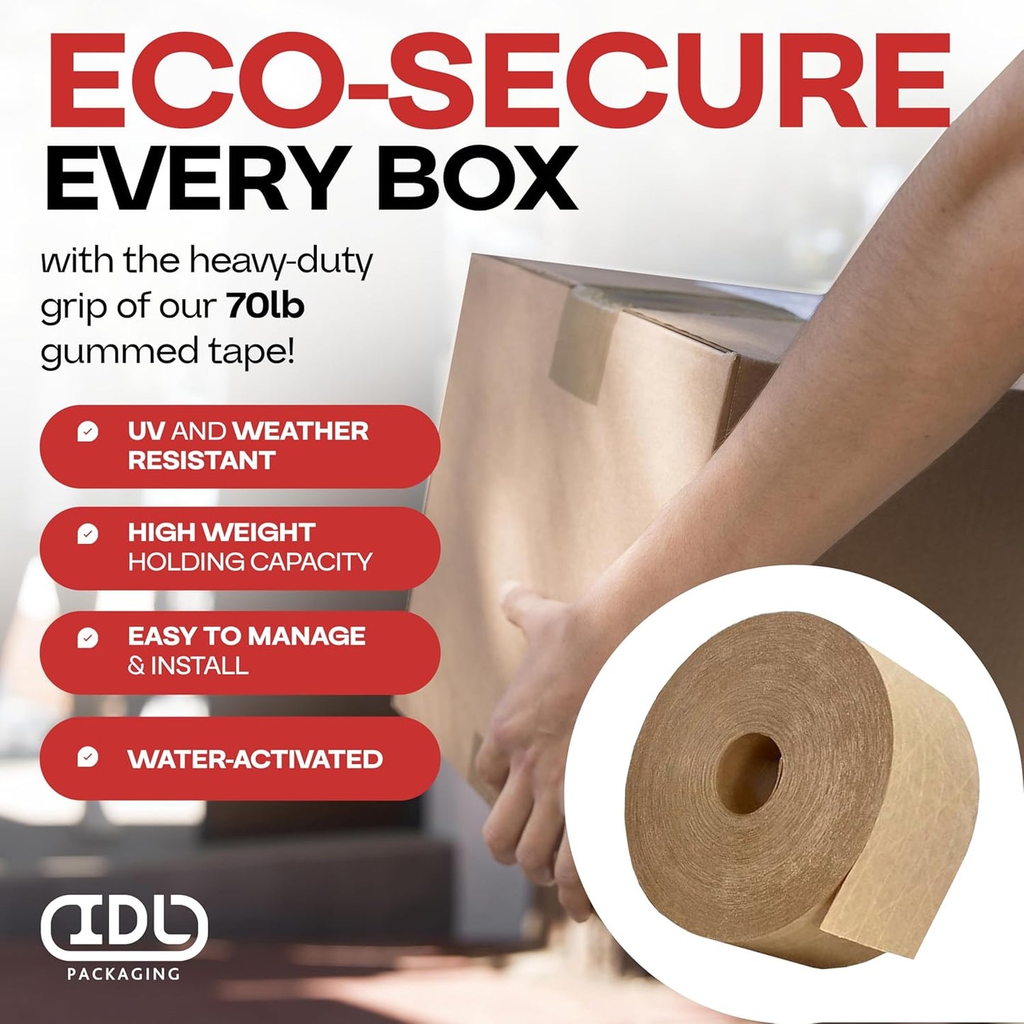 IDL Packaging 3" x 375 feet Reinforced Water-Activated Kraft Gummed Tape 70lb Thickness (Pack of 8) - Secure Paper Packing Tape for Secure Carton Sealing - Heavy-Duty for All Conditions, Brown