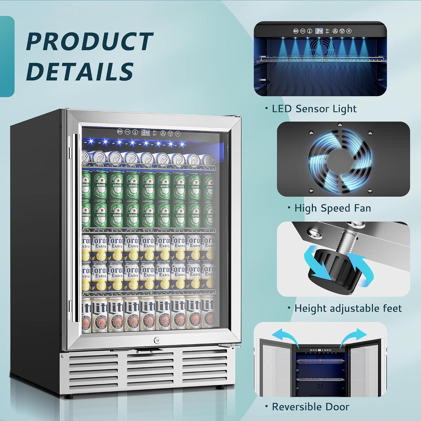 EUHOMY 24 Inch Beverage Refrigerator, 180 Can Built-in Beverage Cooler, Under Counter Beer Fridge with Glass Door for Soda, Water, Wine - For Kitchen, Bar or Office