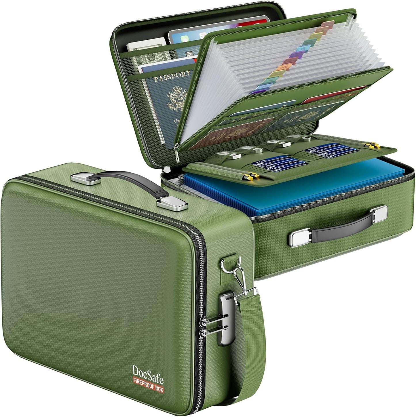 DocSafe Fireproof Document Box with Lock＆Shoulder Strap,Hard Case File Organizer with Accordion File Folder,Multi-Layer Portable Home Office Travel Safe Storage for Important Documents Laptop Green