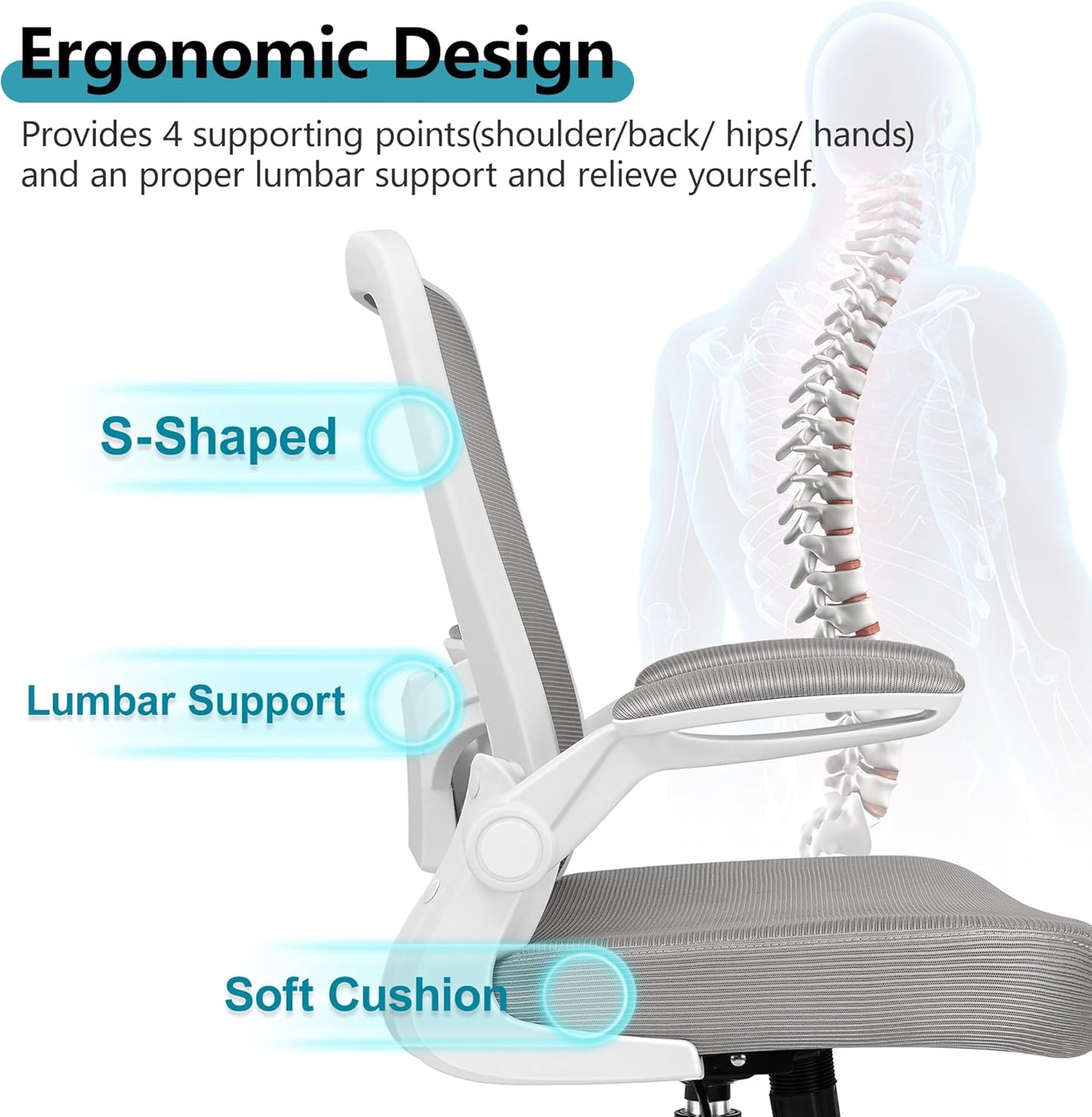 FelixKing Office Chair, Ergonomic Desk Chair Breathable Mesh Chairs with Adjustable High Back Lumbar Support Flip-up Armrests, Executive Swivel Comfy Task Computer Chairs for Home Office Gray