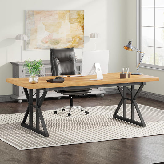 Tribesigns 70.8-Inch Executive Desk, Large Computer Office Desk Workstation, Modern Simple Style Laptop Desk Study Writing Table Business Furniture for Home Office (Light Walnut/Black, 70.8 Inch)