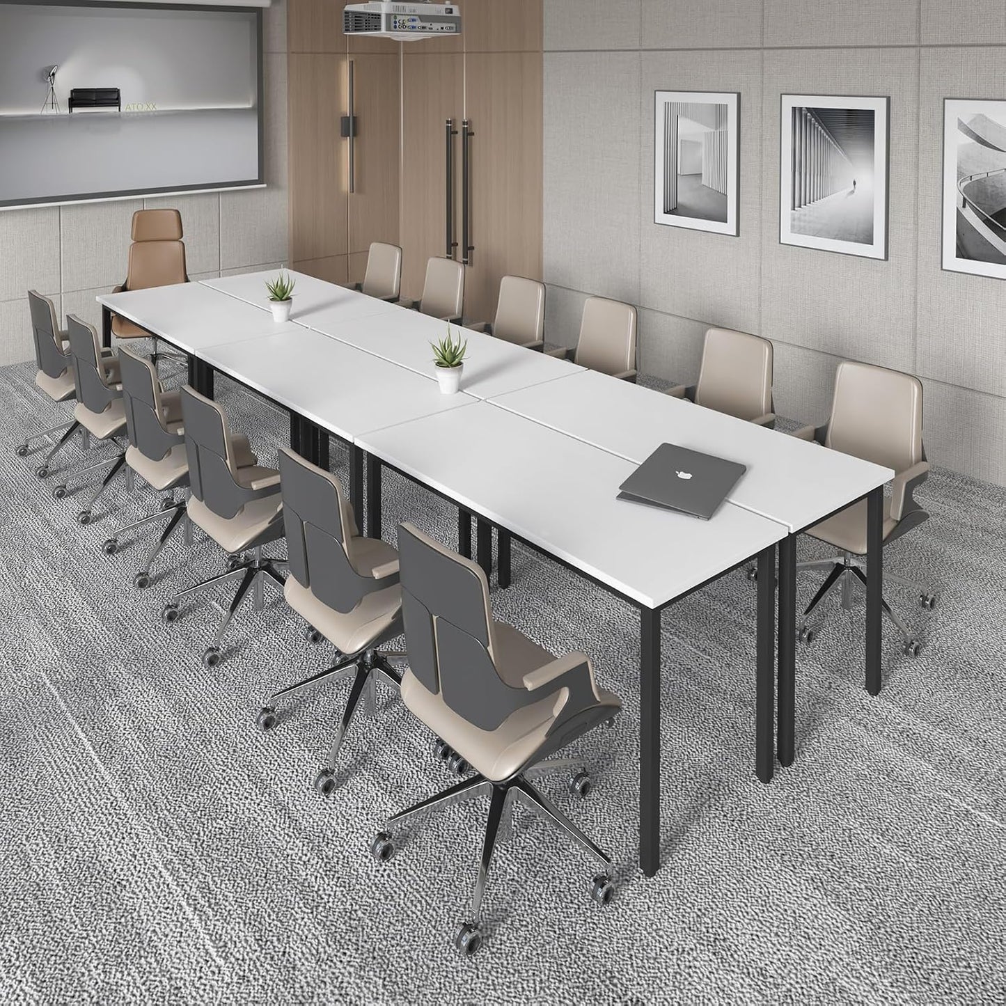 Bonzy Home Conference Tables 12ft Office Computer Desk for Meeting Room Study Writing Printer Table Save Space Design for 14 People 6PCS 141.6"x47.2"x29.5", White