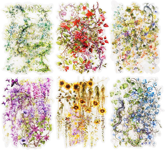 Floral Vine PET Stickers, 120 Pcs Large Botanical Ephemera for Scrapbooking, Journaling, DIY Crafting, and Art Supplies
