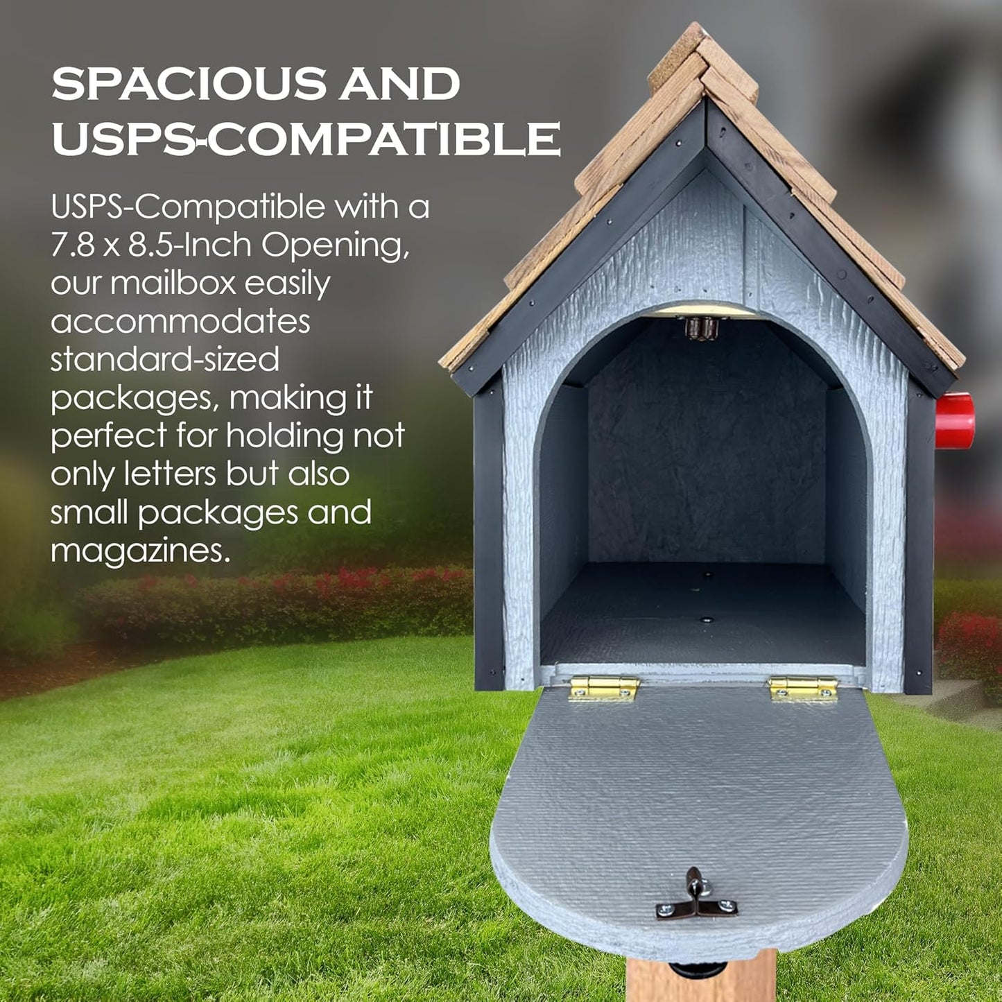 Peaceful Classics Amish Cedar Roof Wooden Mailbox with Window & Door Trim, Handcrafted Mailboxes for Outside, Post Mount Residential Mailboxes - (Beige with Forest Green Trim)