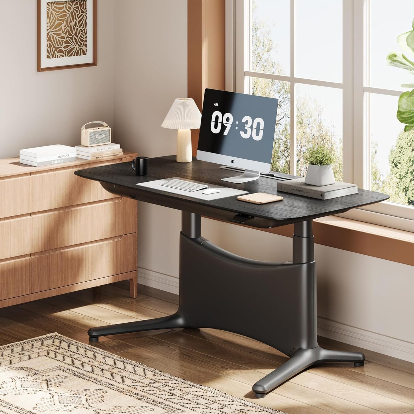 COLAMY Electric Standing Desk, Whole-Piece Gaming Desk with Dual Motors, Ergonomic Footrest, Drawers for Storage, Adjustable Height Sit-Stand Desk for Home Office (Veneer Desktop, Black Oak + Black)