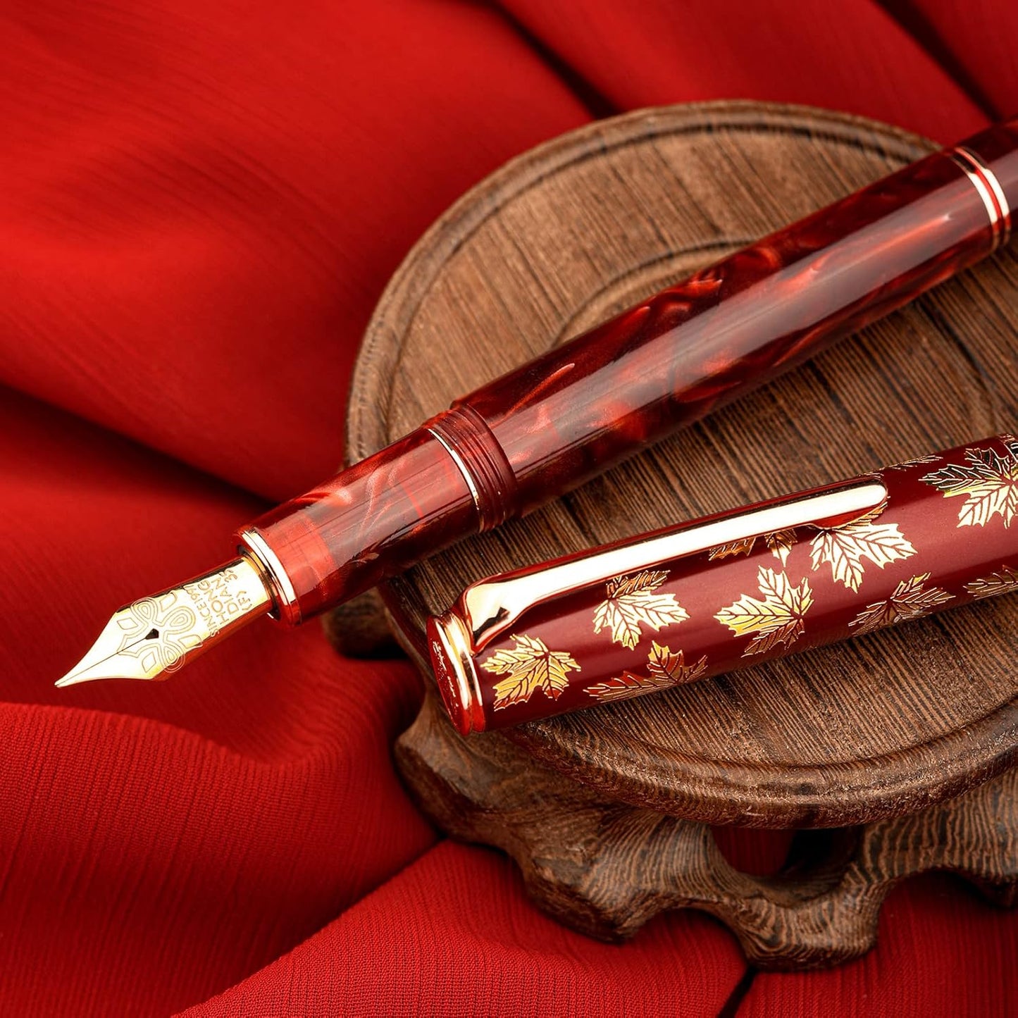 Hongdian N8 Red Acrylic Resin Fountain Pen, Iridium Extra Fine Nib Rose Gold Trim Maple Leaf Carving Cap, Smooth Writing Pen with Converter and Metal Pen Box Set