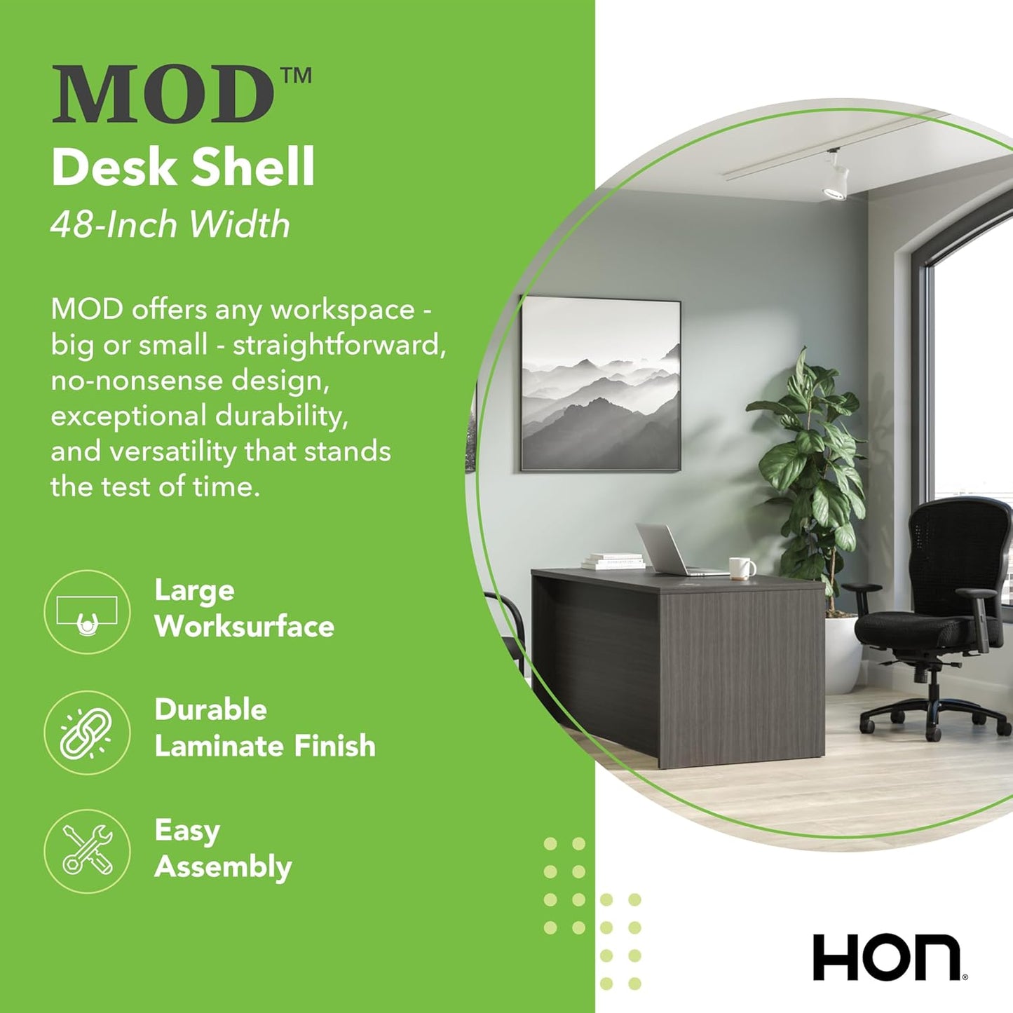 HON MOD Executive Desk 48-Inch Large Computer Desk Shell, Thick Wooden Laminate, Modern Table with Cord Management, 48" W x 30" D x 29" H, Slate Teak