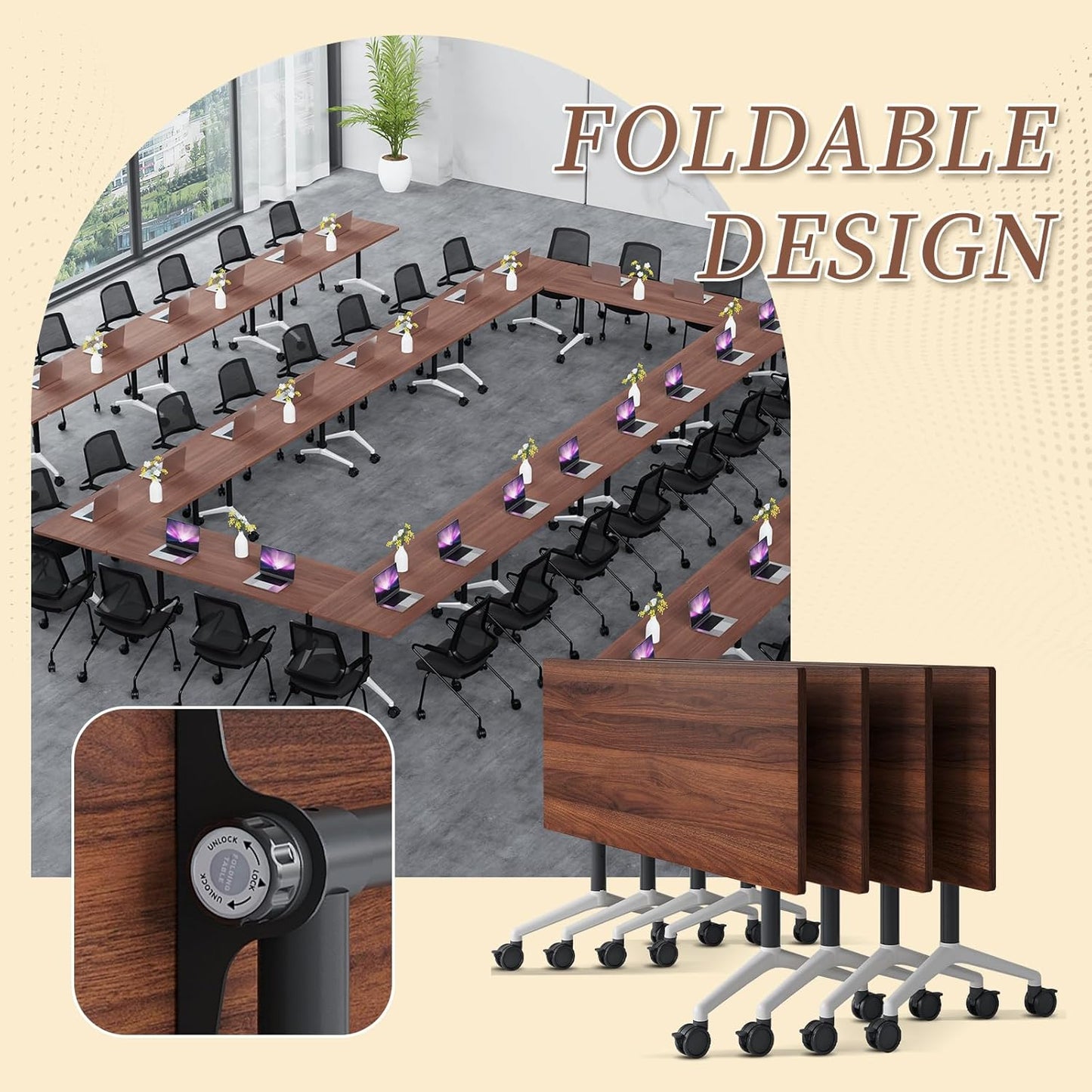 Folding Conference Room Table, Modern Conference Tables with Wheels, Large Rectangular Mobile Training Tables for Office Classroom, Foldable Modular Boardroom Seminar Table (4pack L63in)