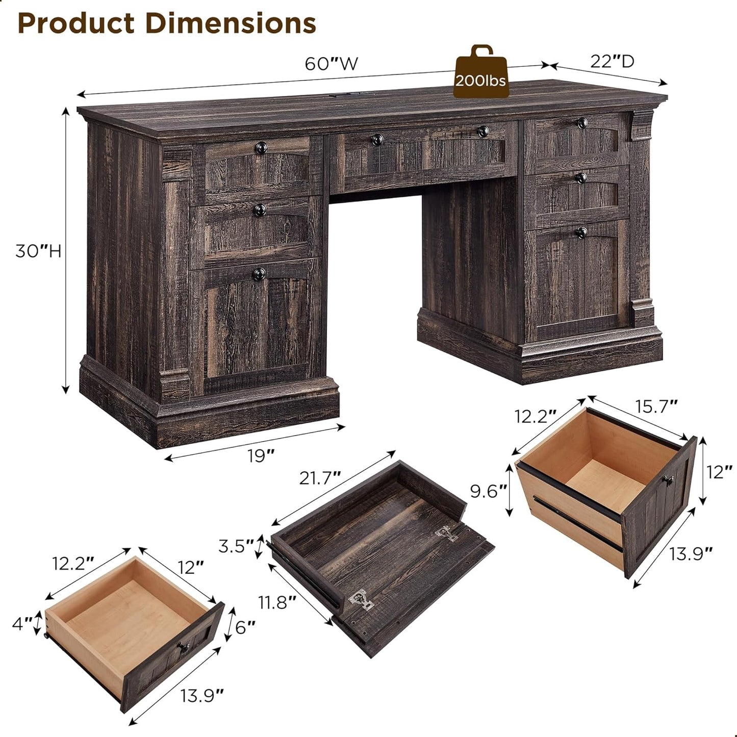 OKD 60" Executive Desk with Drawers, Farmhouse Home Office Desk with Charging Station, Keyboard Tray, File Cabinet Storage, Wood Computer Desk for Work and Study, Dark Rustic Oak
