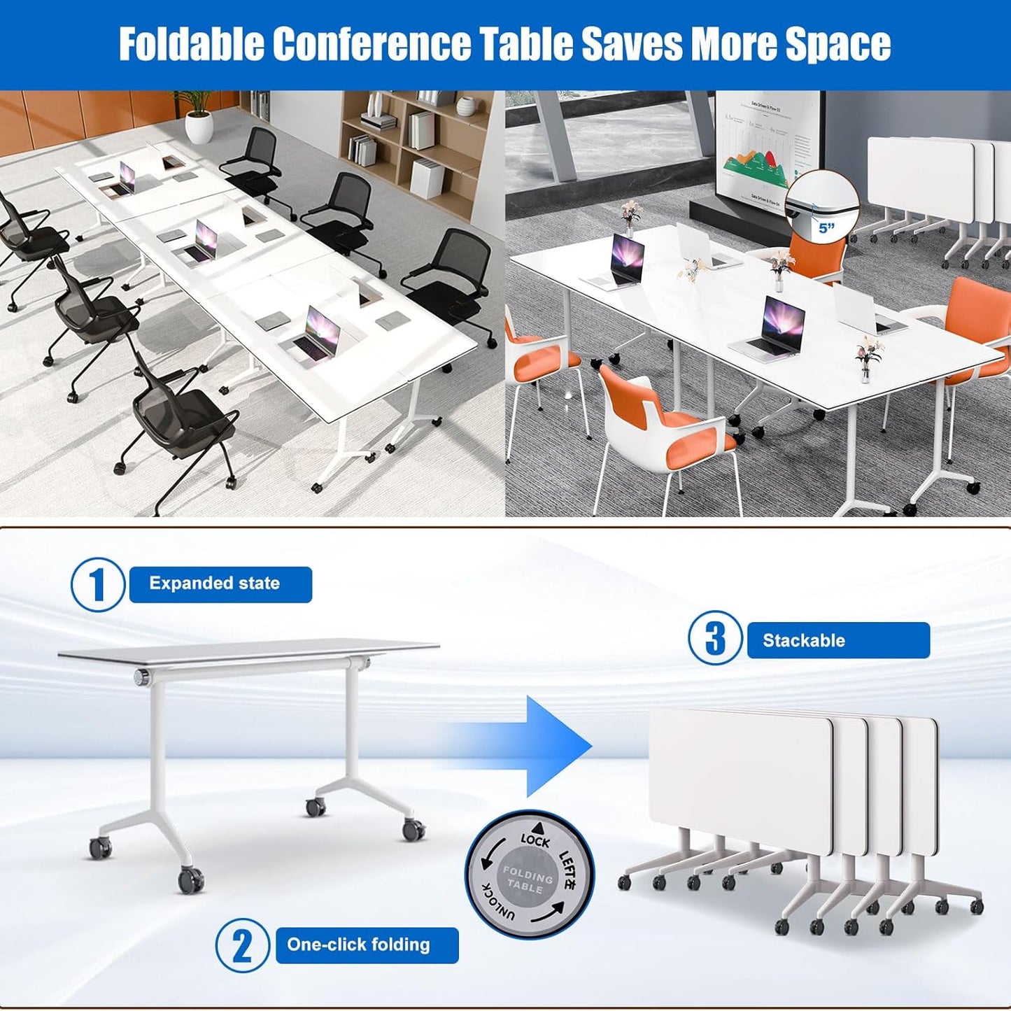 Conference Table, Folding Conference Desk Modern White, Seminar Table with Wheels, 2-10 People for Office, Meeting Break Room (6, 1915, 55IN)
