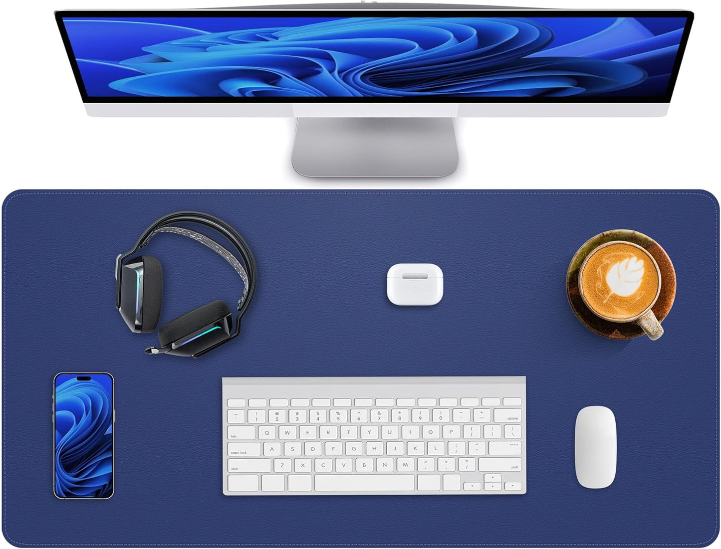 Leather Desk Pad Protector,Office Desk Mat,Large Mouse Pad, Non-Slip PU Leather Desk Blotter,Desk Pad,Waterproof Desk Writing Pad for Office and Home (Blue,35.4" x 17")