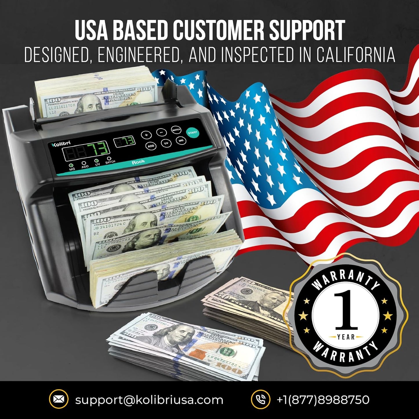 KOLIBRI Money Counter Machine, Rook with UV/MG/IR Counterfeit Detection – Count, Add & Batch Modes, 1,400 Notes per Minute - US Dollar Cash Counter with Dual LED Display (1-Year USA Warranty)