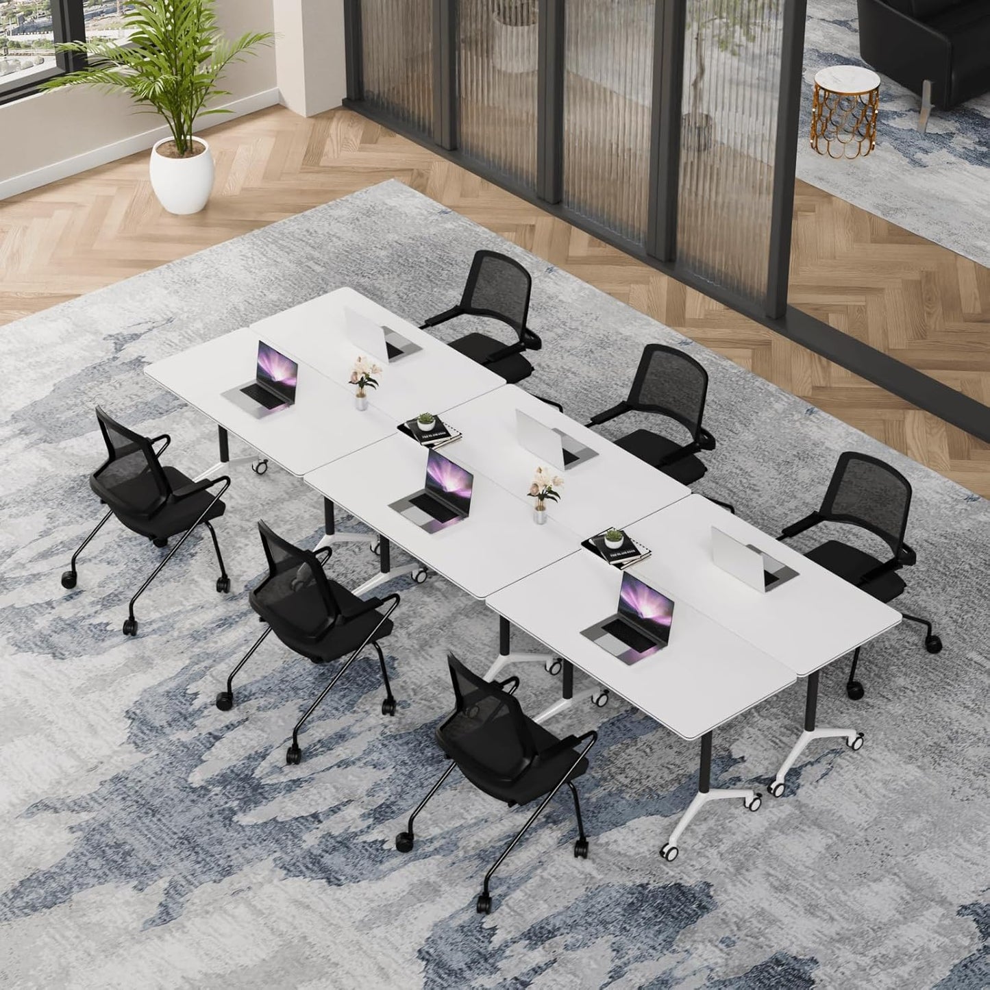 Folding Conference Table, Modern Conference Room Tables with Flip-Top Design, Foldable Conference Table Meeting Table with Wheels, Mobile Seminar Training Tables for Office Classroom (8, White 2)