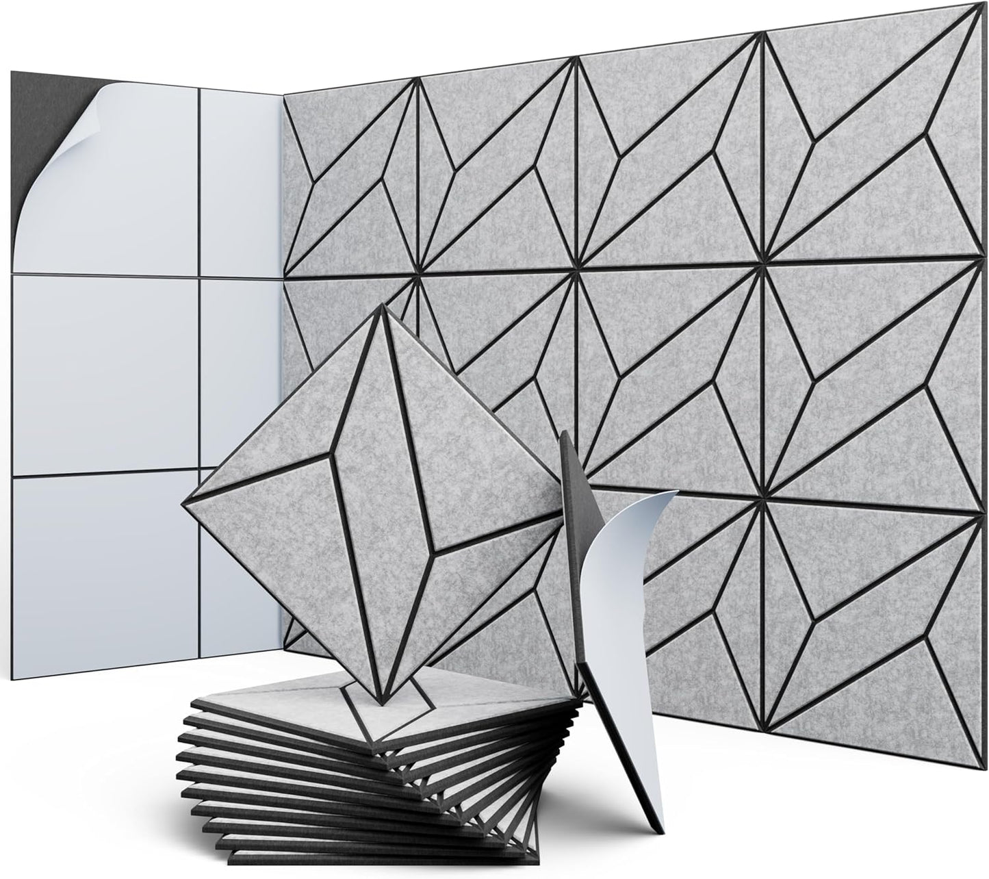 12 Pack 12" X 12" X 0.47" Acoustic Panels for Wall Sound Absorbing, Dual-Color P-Stripes Square Self-Adhesive Sound Panels, High Density Suitable for Multiple Scenarios(Black+SilverGray)