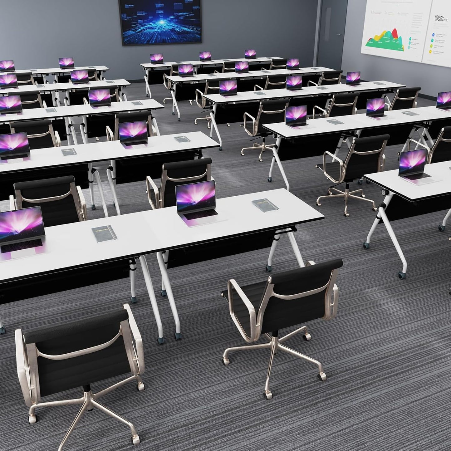 Conference Table, Folding Conference Room Tables, Mobile Training Tables with Silent Wheels, Large Rectangular Modular Seminar Table Office Computer Desks for Classroom White (4Pack L70.9in)
