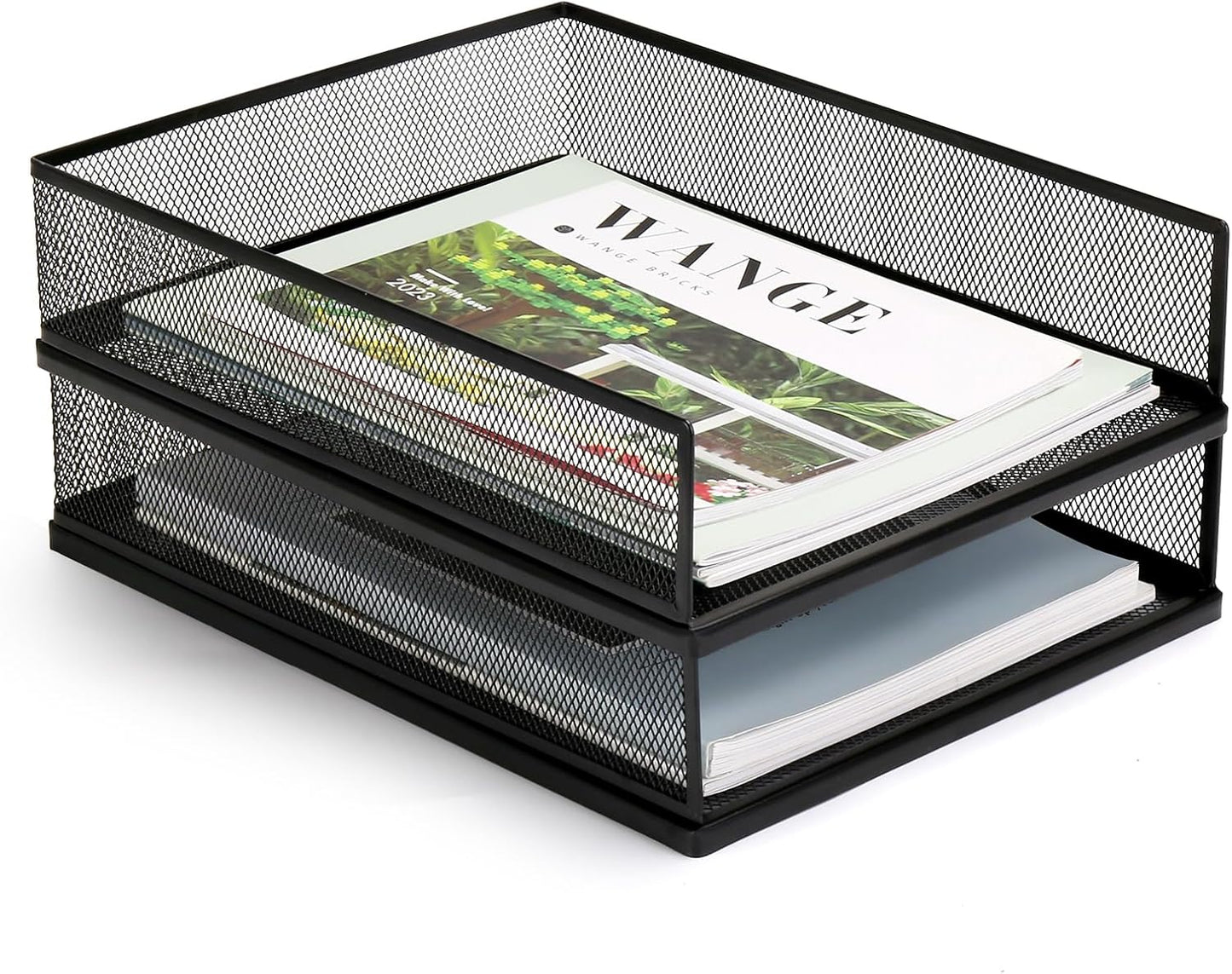 Wire Mesh Letter Trays Paper Tray Desk File Organizer, 2 Pack Stackable Metal Front-Load Documents Tray for Office Supplies File (Lengthways)