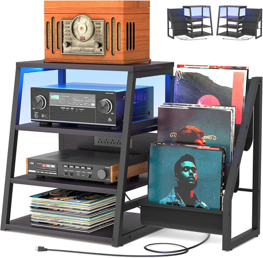 AV Media Stand with Outlets, Stereo Stands and Racks with Vinyl Storage, Stereo Stand with Record Storage, Audio Stereo Rack Cabinet, Turntable Console Stand with LED lights, 4 Tiers, Black Ebony