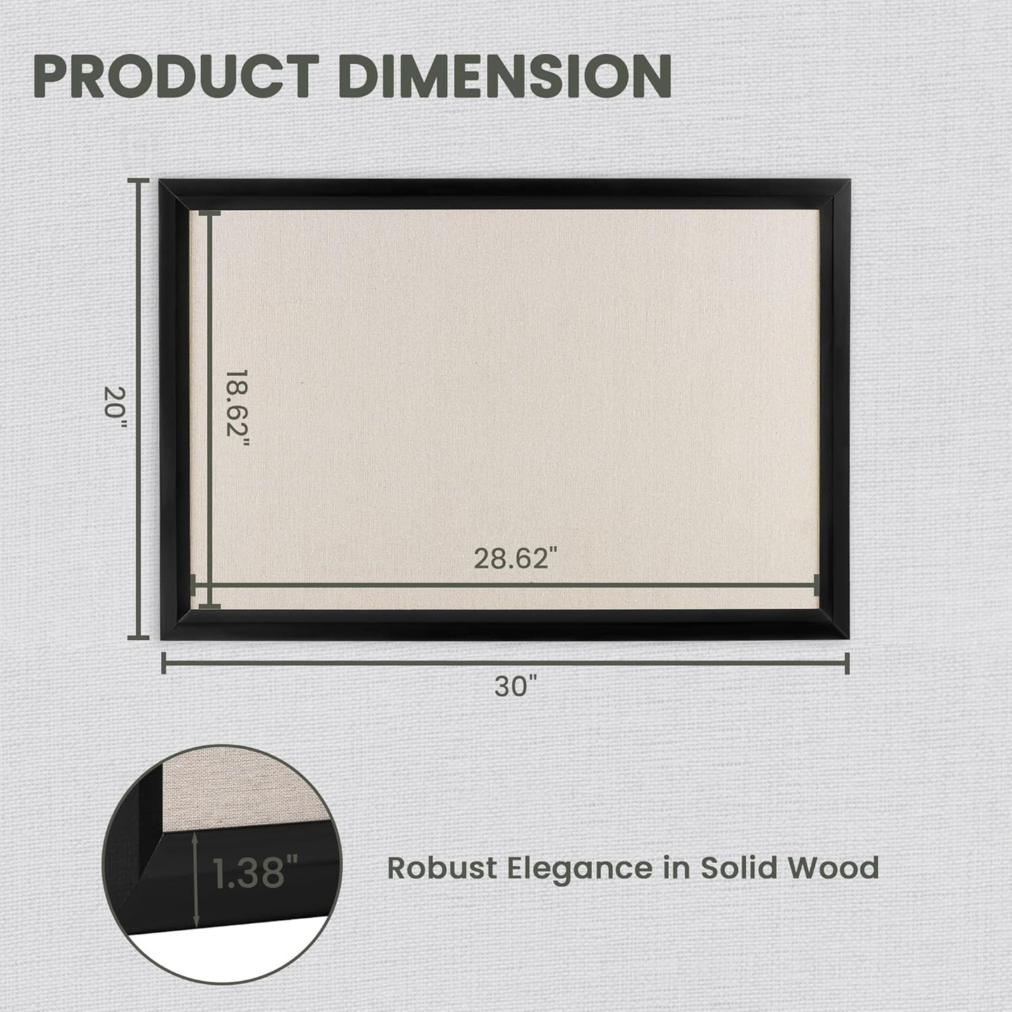 Bulletin Board Cork Board with Linen, 100% Wood Framed 30" x 20" Bulletin Board Decorations, Pin Boards for Walls, Wall Mounted Fabric Picture Board with 10 Pushpins for School, Home & Office, Black