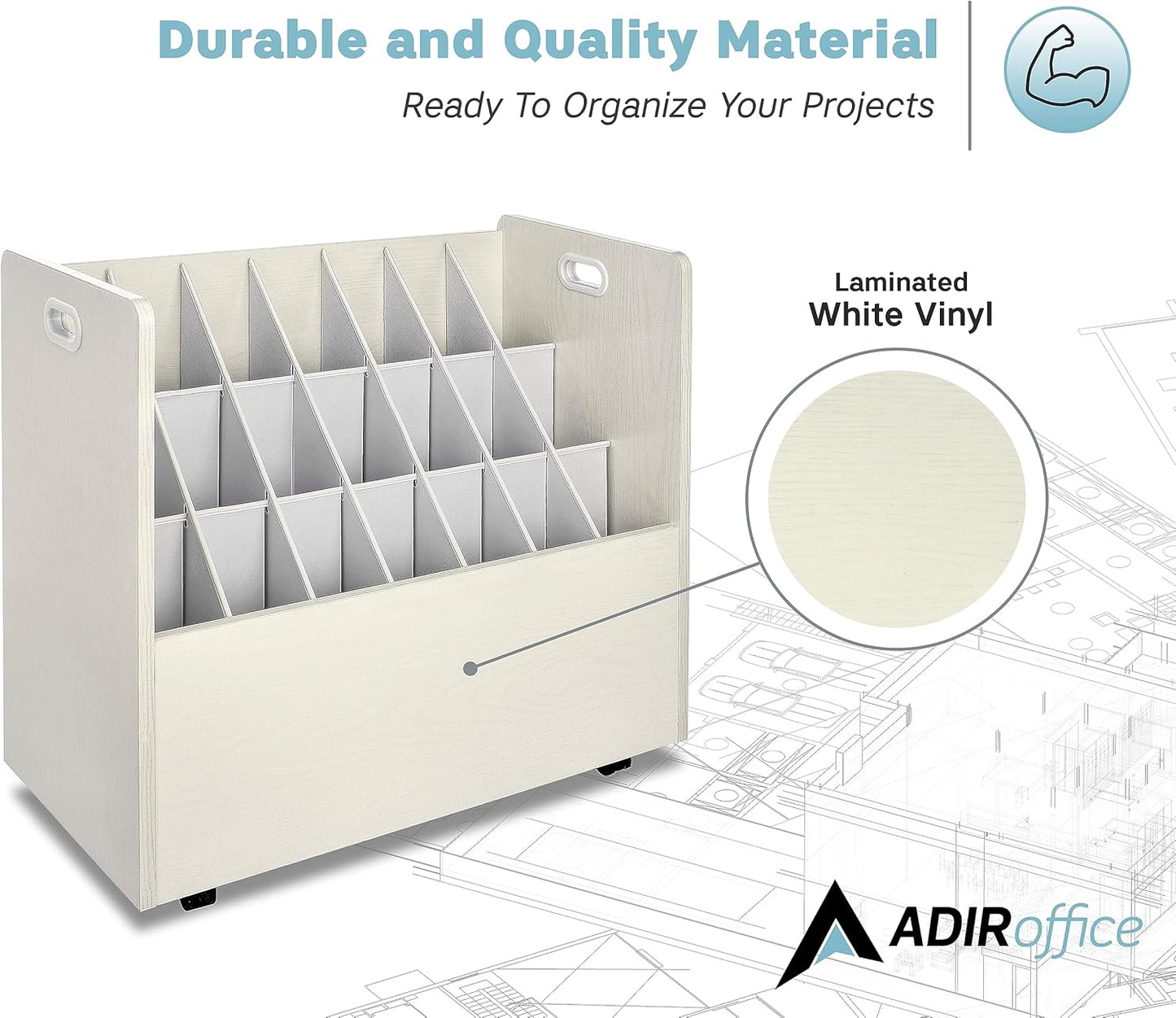 Adir Blue Print Storage Organizer - Mobile Roll File Cart, Construction Plan Holders, Blueprint Cabinet with Wheels, Roll Files Storage for Office and Home (21 Slots, White)
