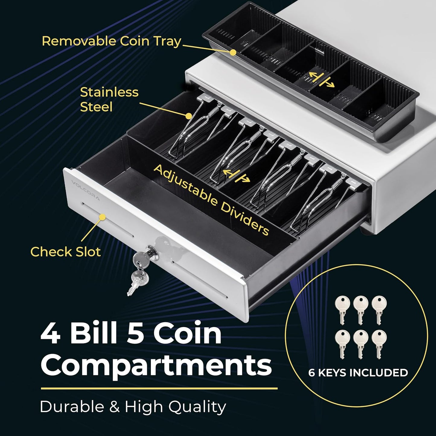 Volcora 13" Manual Push Open Cash Register Drawer for Point of Sale (POS) System, White Heavy Duty Till with 4 Bills and 5 Coin Slots, Key Lock with Removable Coin Tray and Double Media Slots