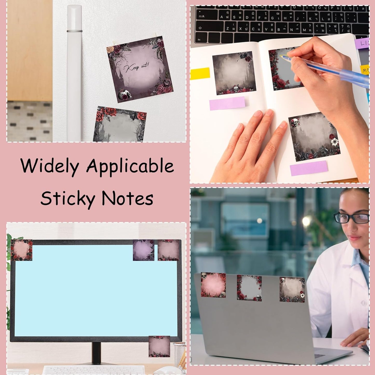 9 Pack Dark Romance Sticky Notes Set, 450 Sheets Gothic Halloween Self-Stick Notepads with Skull Rose Designs, Aesthetic Witchy Stationery Gifts for Women Teens