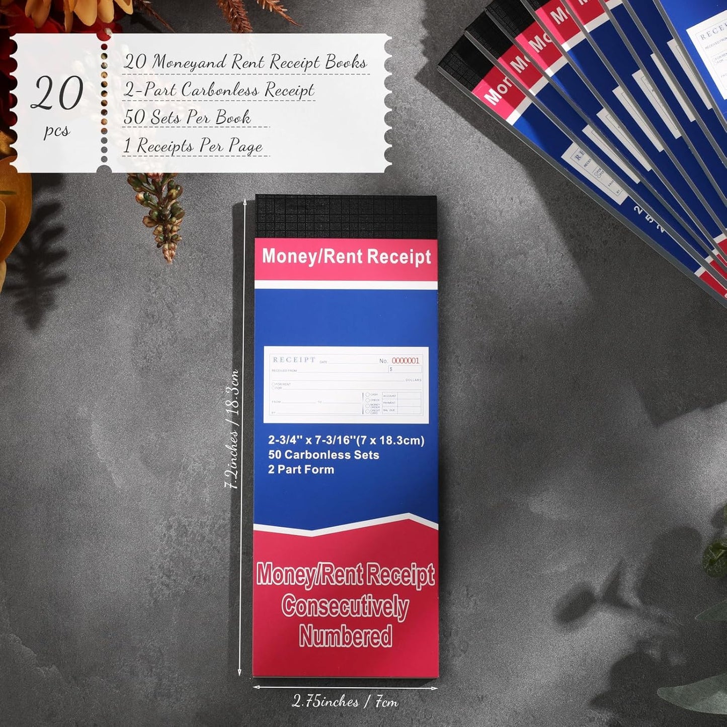 Crtiin 20 Pads Money and Rent Receipt Book 2.75 x 7.2 Inch Bound Cover 2 Part Carbonless Receipt Book with Carbonless Copies Receipt Log Book 50 Sets Per Book