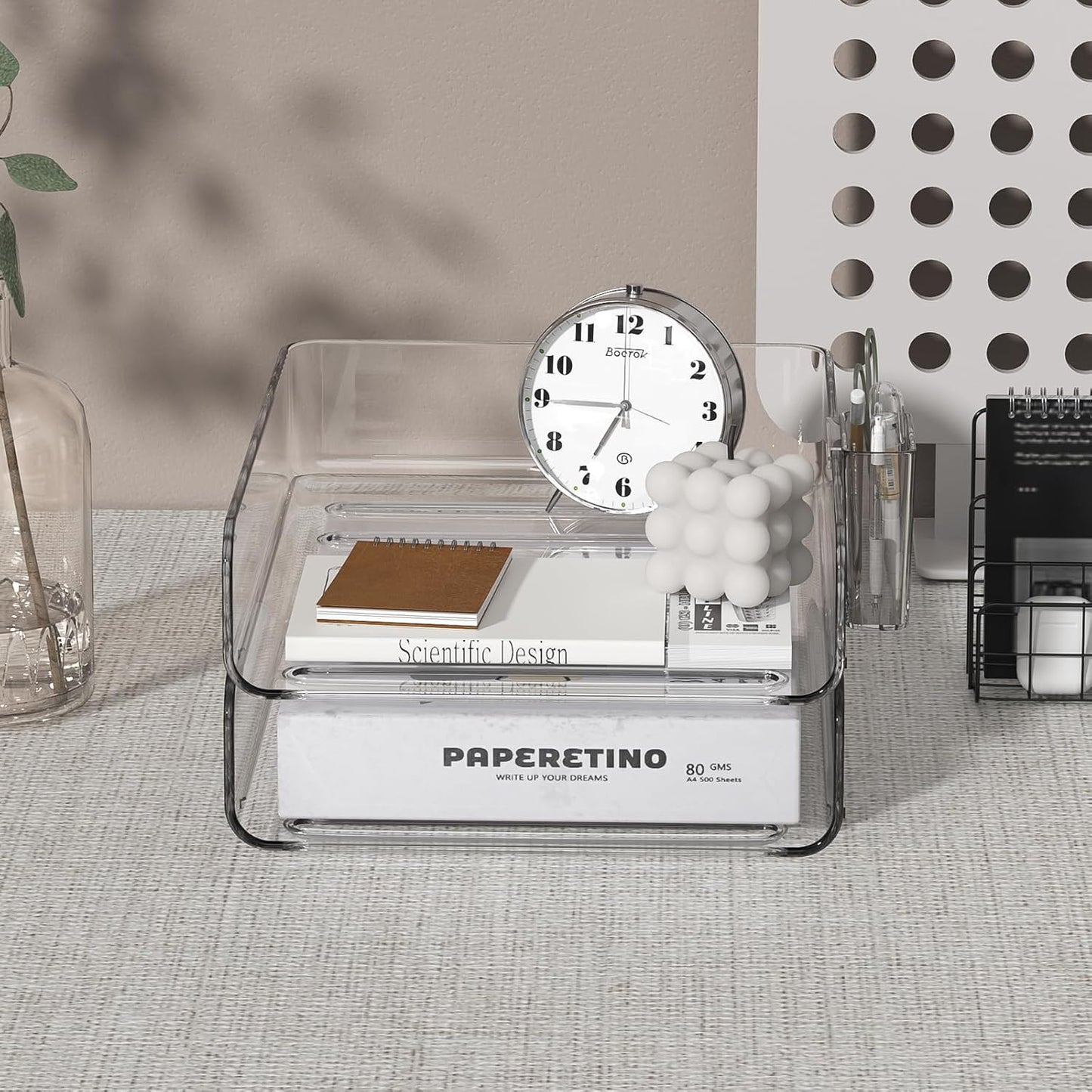 2-Tier Acrylic Paper Tray Organizer with Pen Holder | Clear Stackable Desk Organizer for Documents, Letters, A4 Paper | Modern Office/Classroom/Home Organization