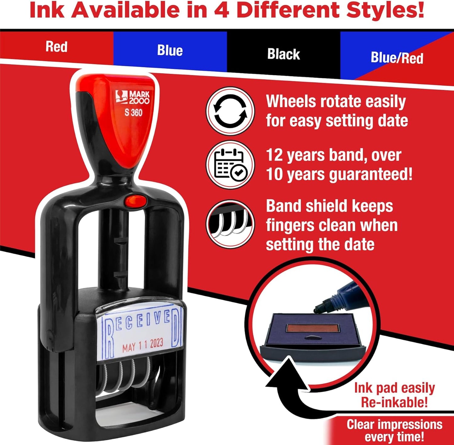 Self-Inking Rubber Date Office Stamp with Paid Phrase - Blue Ink - 12-Year Band