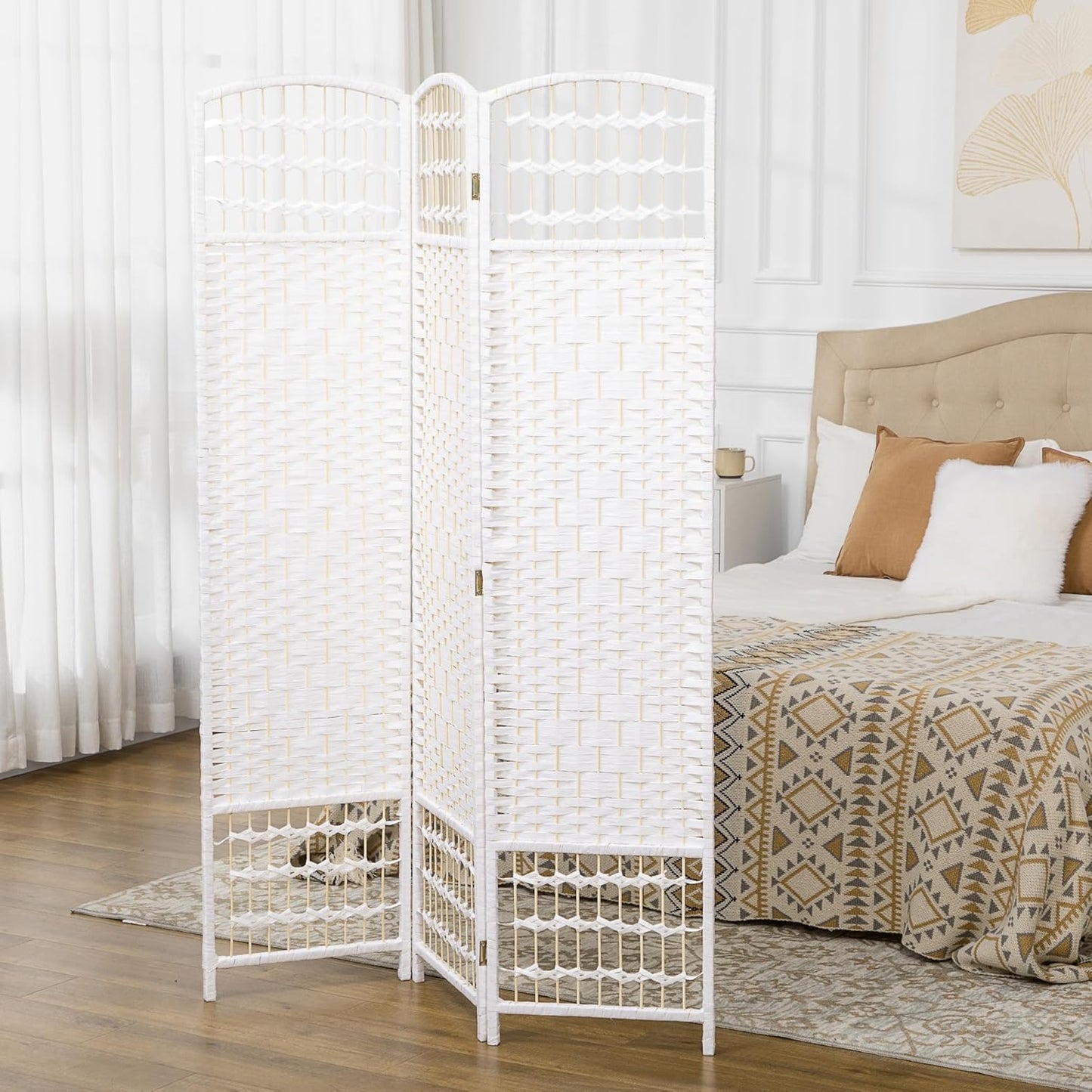 HOMCOM 3 Panel Room Divider, Folding Privacy Screen, 5.6' Room Separator, Wave Fiber Freestanding Partition Wall Divider, White