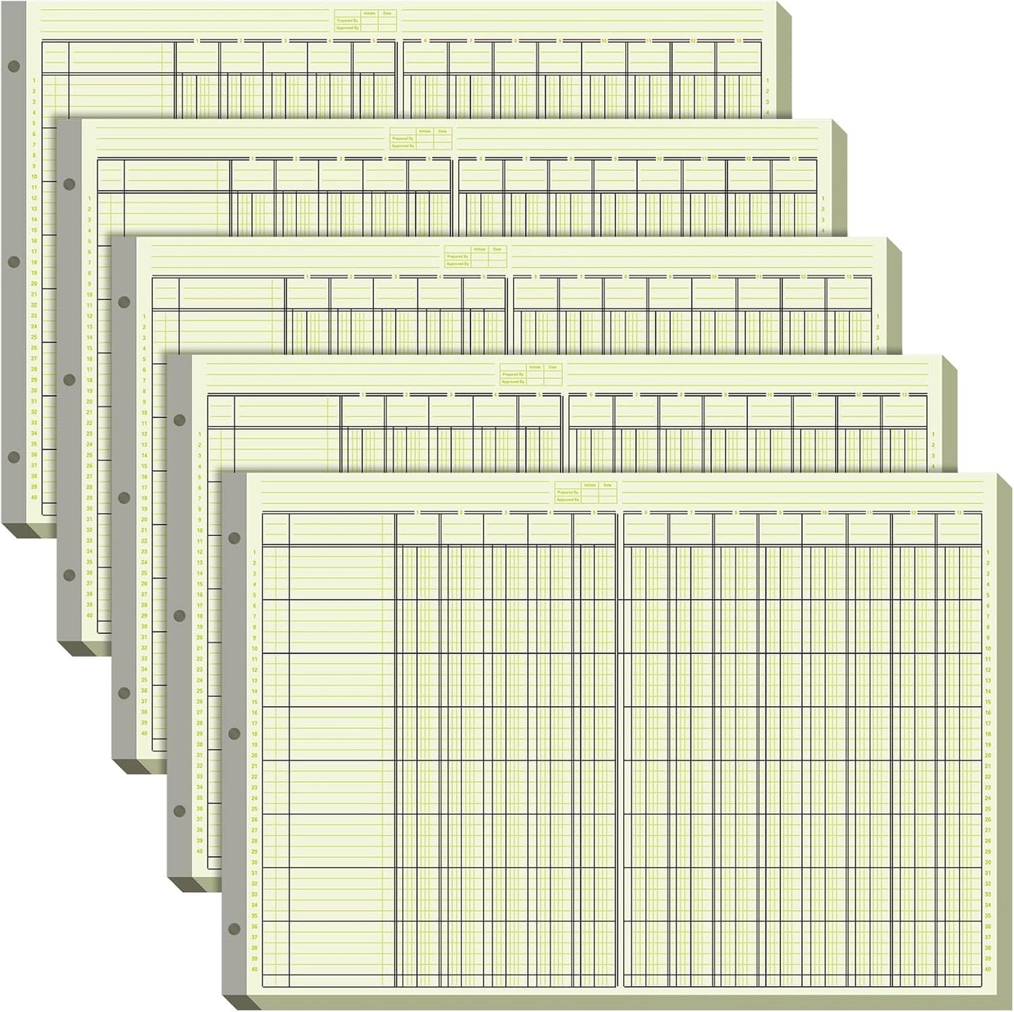 Zhanmai 5 Pack 250 Sheets Analysis Columnar Books 3 Hole Accounting Ledger Book Ledger Paper Pad Columnar Pad for Business, 50 Sheets/Pack, Single Page Format, Green(13 Columnar,16.31 x 11)