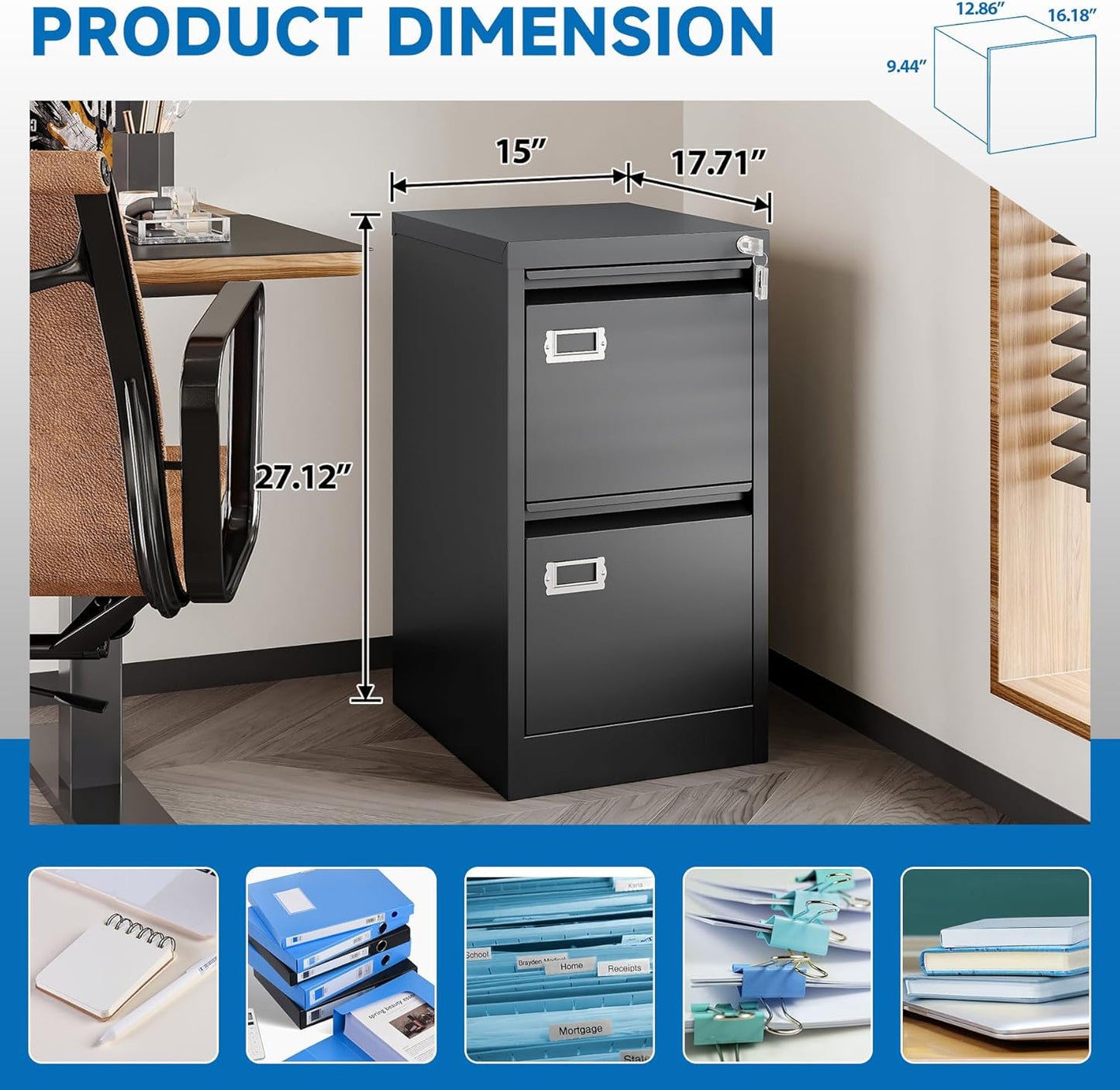 2 Drawer File Cabinet with Lock Metal Vertical Filing Storage Cabinet Office Home Steel Vertical File Cabinets for A4 Legal/Letter Size Narrow File Cabinet Locked,Assembly Required