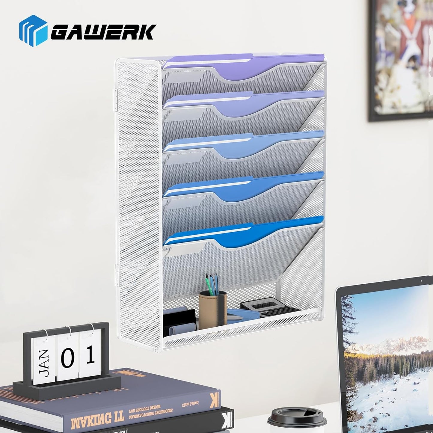 6 Tier Hanging File Organizer, Mesh Wall File Holder Paper Folder Rack with Bottom Flat Tray for Office Home, White