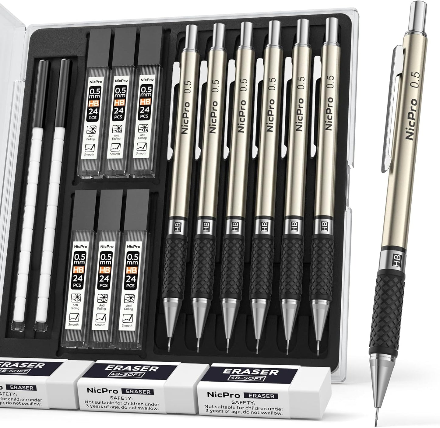 Nicpro 0.5 mm Art Mechanical Pencils Set in Gift Case, 6 PCS Metal Drafting Pencil 0.5mm with 6 Tube HB Lead Refills & 18 PCS Eraser Refills for Adults, Children, Artist Writing, Drawing, Sketching
