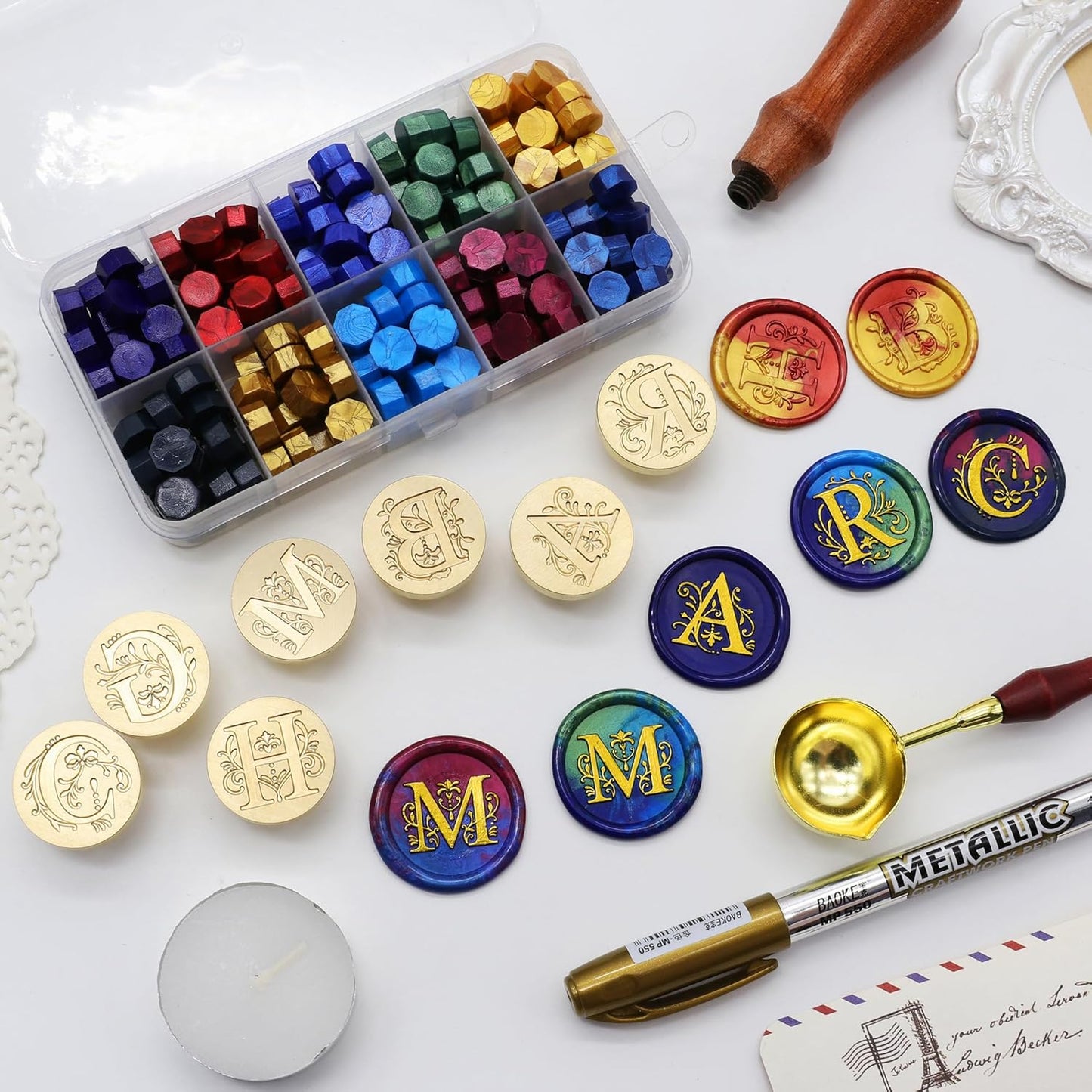 SWANGSA Initial Alphabet F Wax Seal Stamp Kit, Classic Retro Letter Sealing Stamp with 200pcs Sealing Wax Beads Kit for Wedding Invitations Cards Envelopes (F)