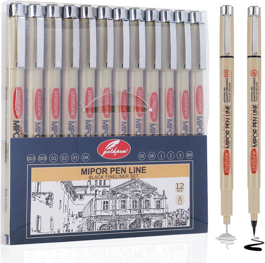 Micro Fineliner Drawing Art Pens: 12 Black Fine Line Waterproof Ink Set Artist Supplies Archival Inking Markers Liner Professional Sketch Outline Anime Sketching Artist Illustration Watercolor
