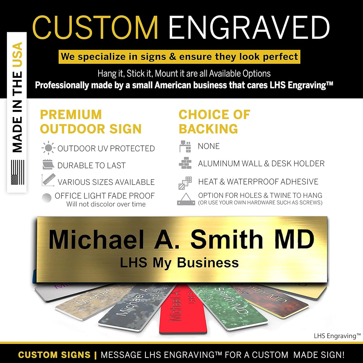 Engraved Name Plates for Desk and Door Signs Personalized Brushed Brass Plastic Nameplate with Black Letters - Made in USA 2x8 M6