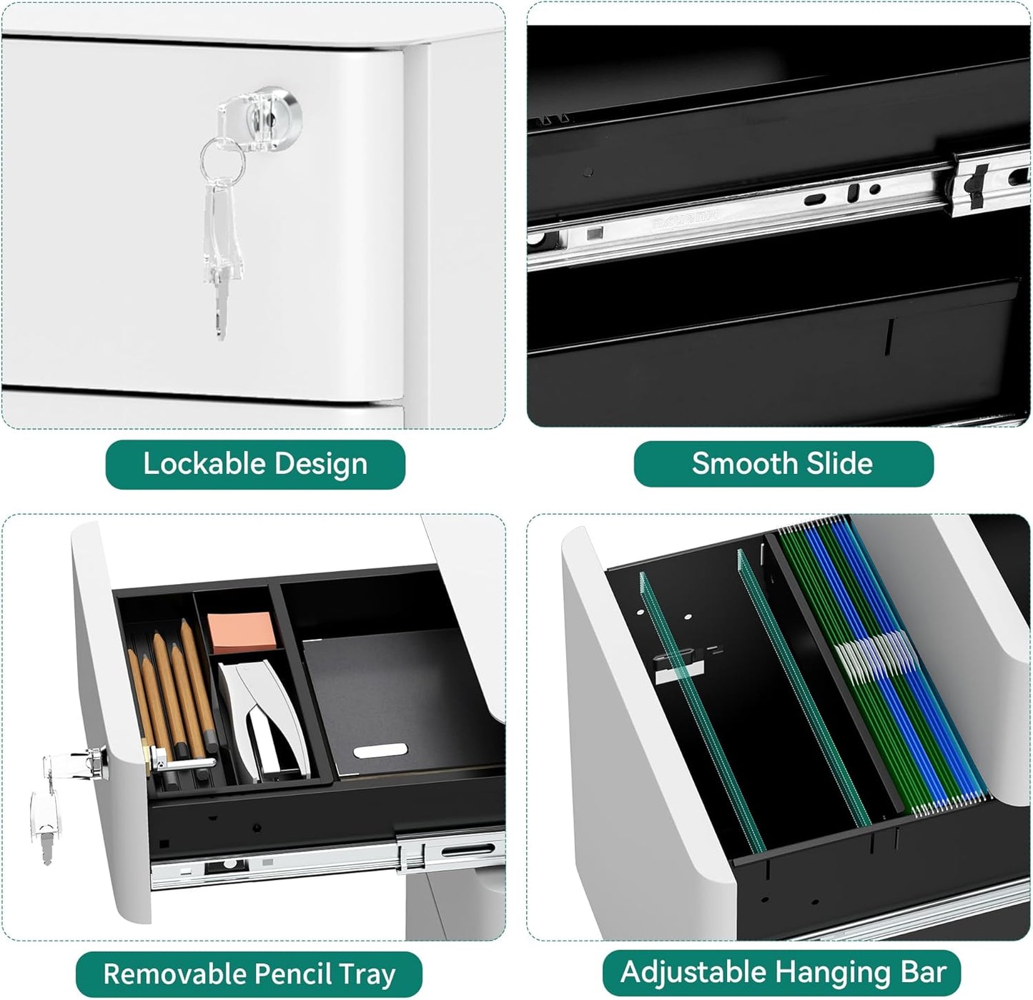 YITAHOME 3-Drawer File Cabinet, Lockable Mobile Filing Cabinet for A4/Letter/Legal Size Folder, Vertical File Cabinet for Home Office, Installed Except Casters, White