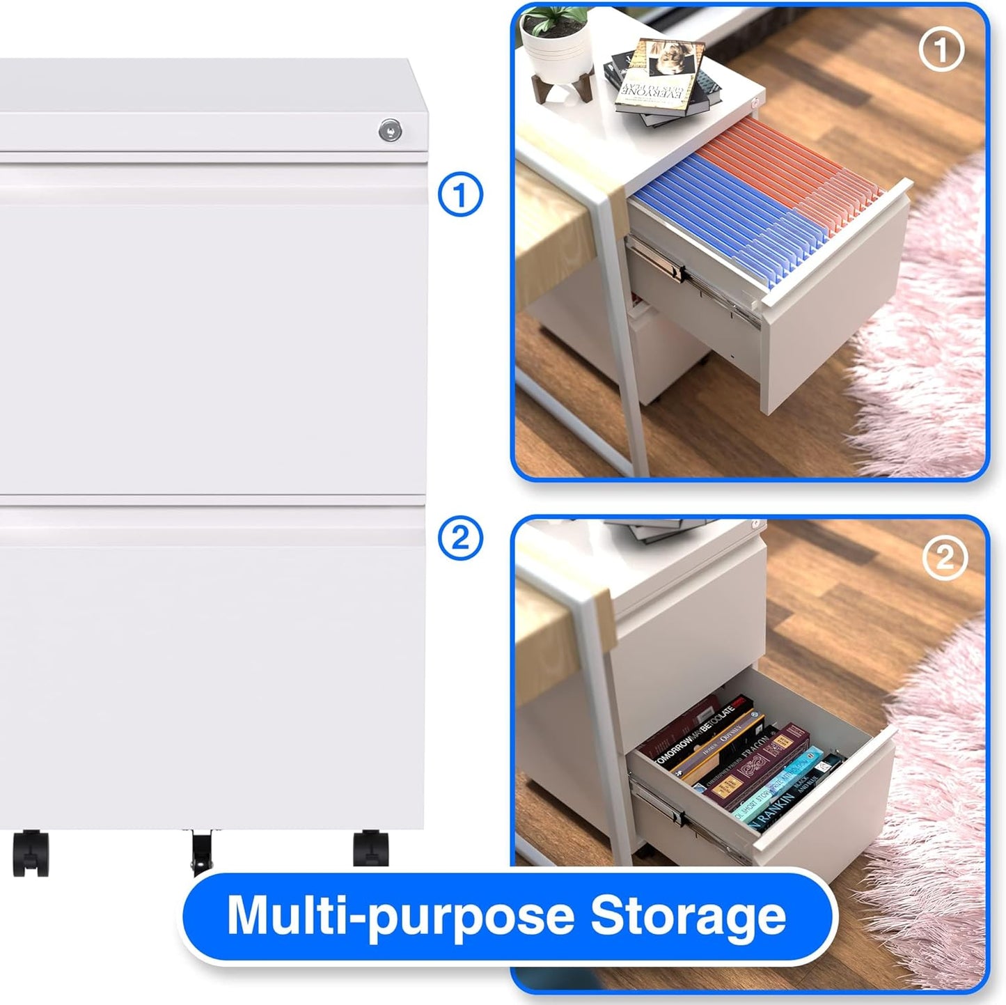 Aobabo 2 Drawer File Cabinet with Lock,Metal Filing Cabinet with Wheels for Home Office & Business Enterprise, Legal/Letter Size, Fully Assembled Except Wheels, White
