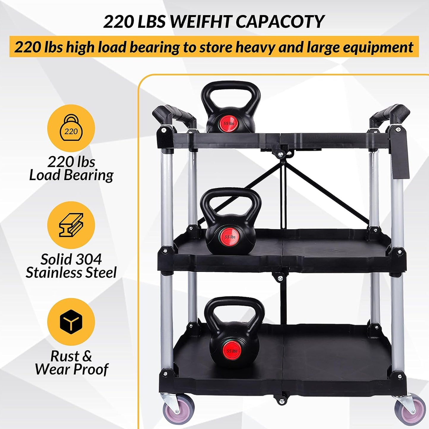 Folding Utility Cart, Portable Collapsible Service, 3 Shelf Heavy Duty Collapsible Tool with Wheels, Suitable for Office Warehouse Home, Black