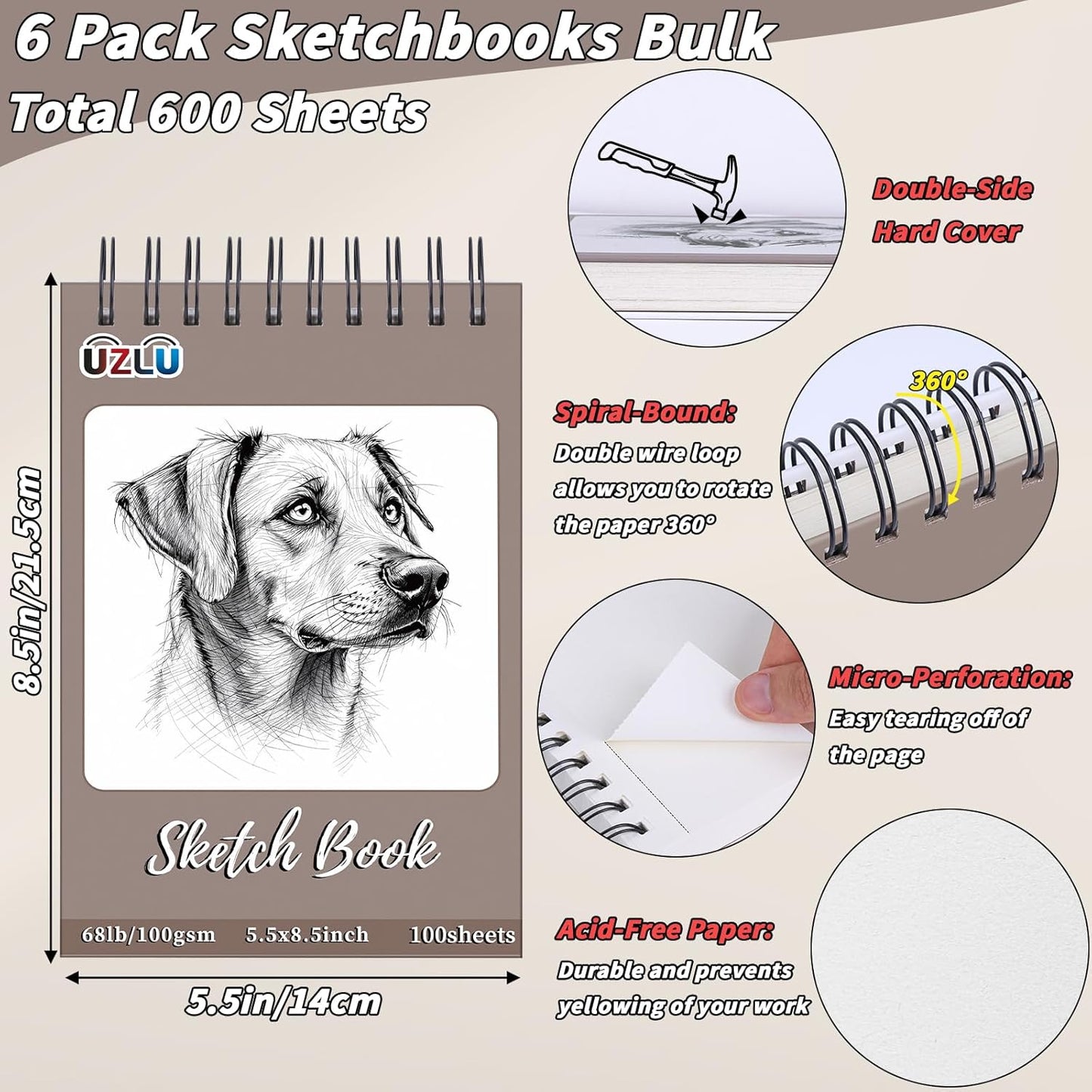 6 Pcs Sketch Book Bulk 5.5 x 8.5 In,600 Sheets Total Drawing Paper Pad Top Spiral Bound Sketch Pad Mixed Media Sketchbook 68lb/100gsm Thick Paper Acid Free Art Supplies for Kid Adult Painting Beginner Artist