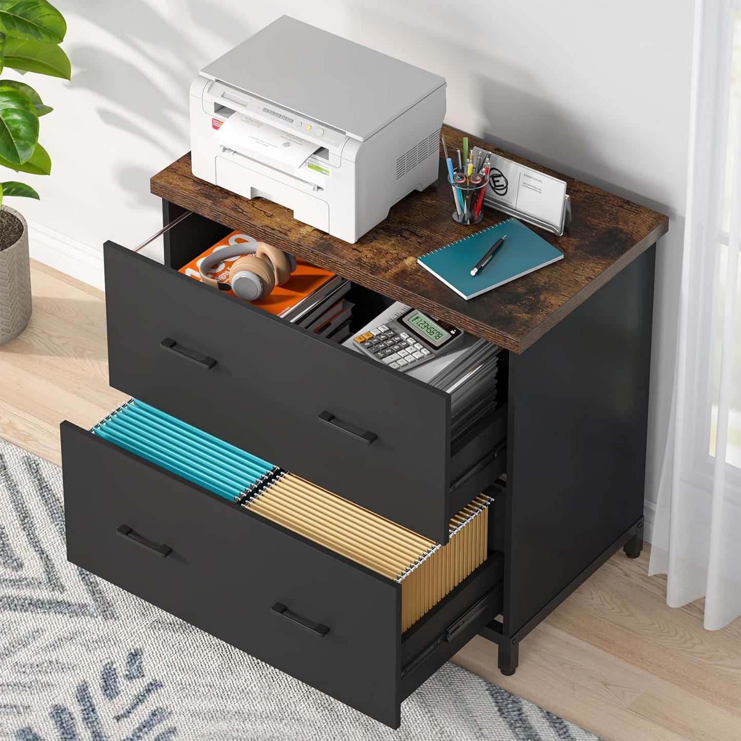 Tribesigns 2-Drawer File Cabinet, Wood Lateral Filing Cabinet for Home Office, A4, Letter Size, Brown and Black