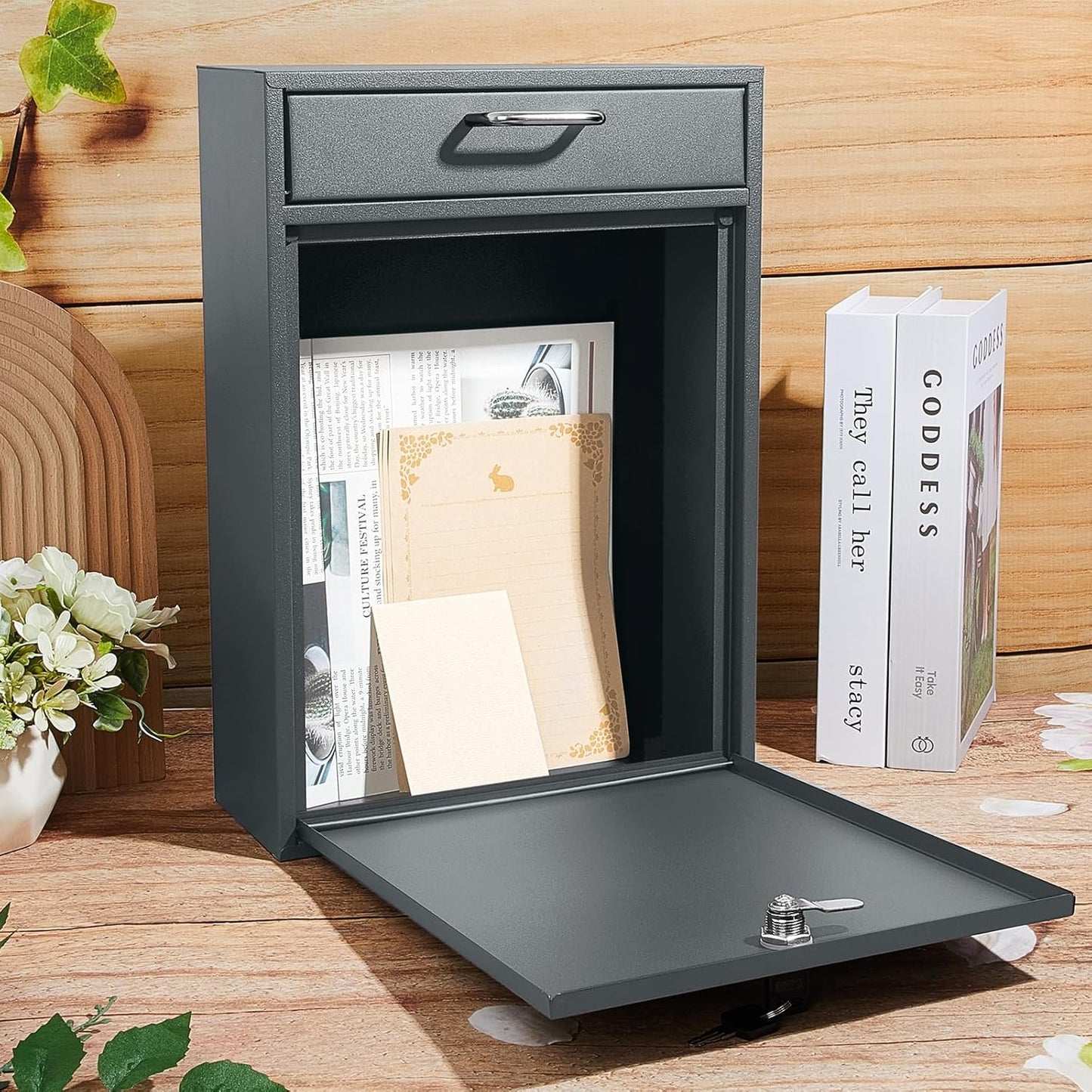 Locking Mailbox with Key for Outdoor 16.2 x 11.2 x 4.7 Inches Large Wall Mount Mail Box with Lock Security Mail Drop Metal Collection Boxes Hanging Secure Postbox(Dark Gray)